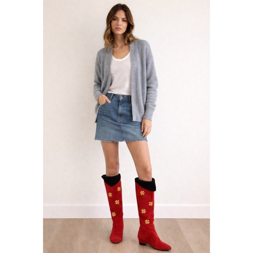 1980S ESCADA VINTAGE BOOTS IN RED & BLACK SUEDE W GOLD FOUR LEAF CLOVER SZ 7 37